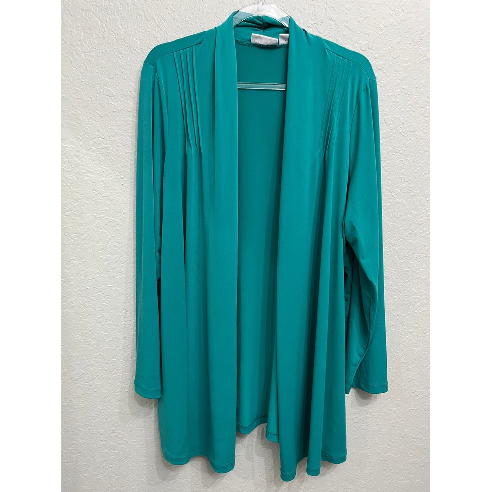 Susan Graver Cardigan 1X Teal Green Liquid Knit Pintuck Open Front Draped